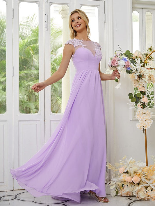 Vestidos de dama de honor de corte A/princesa, de gasa, con apliques, escote redondo y mangas cortas hasta el suelo