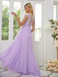 Vestidos de dama de honor de corte A/princesa, de gasa, con apliques, escote redondo y mangas cortas hasta el suelo