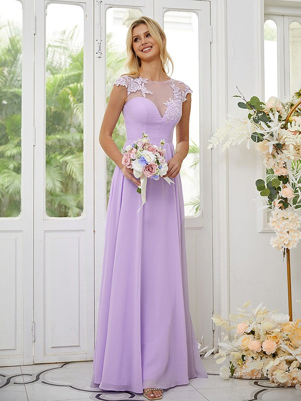 Vestidos de dama de honor de corte A/princesa, de gasa, con apliques, escote redondo y mangas cortas hasta el suelo