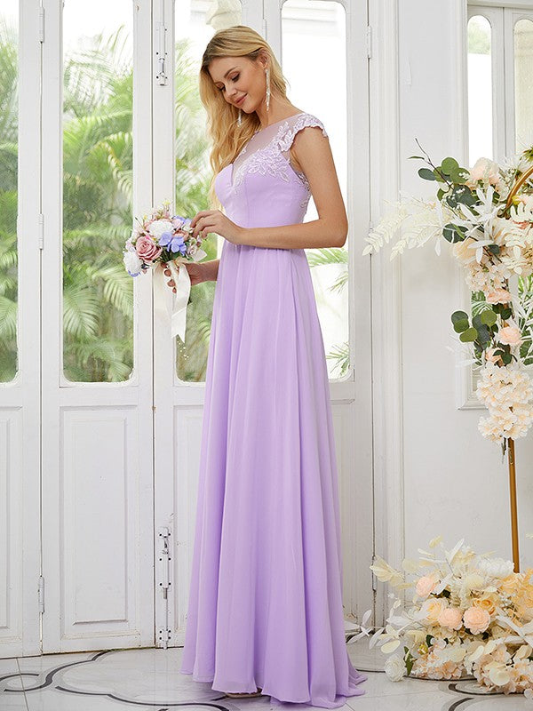 Vestidos de dama de honor de corte A/princesa, de gasa, con apliques, escote redondo y mangas cortas hasta el suelo