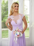 Vestidos de dama de honor de corte A/princesa, de gasa, con apliques, escote redondo y mangas cortas hasta el suelo
