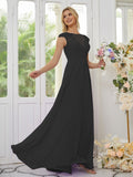 Vestidos de dama de honor de corte A/princesa, de gasa, con apliques, escote redondo y mangas cortas hasta el suelo