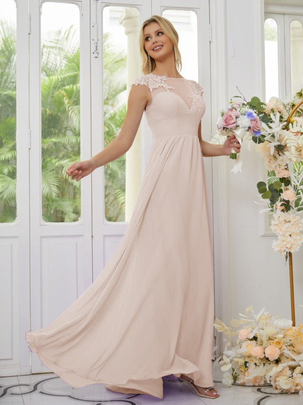 Vestidos de dama de honor de corte A/princesa, de gasa, con apliques, escote redondo y mangas cortas hasta el suelo