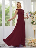 Vestidos de dama de honor de corte A/princesa, de gasa, con apliques, escote redondo y mangas cortas hasta el suelo