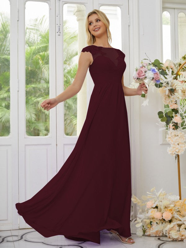 Vestidos de dama de honor de corte A/princesa, de gasa, con apliques, escote redondo y mangas cortas hasta el suelo