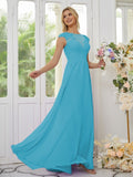 Vestidos de dama de honor de corte A/princesa, de gasa, con apliques, escote redondo y mangas cortas hasta el suelo