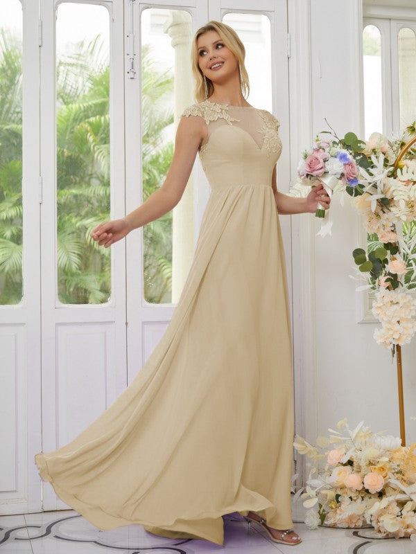 Vestidos de dama de honor de corte A/princesa, de gasa, con apliques, escote redondo y mangas cortas hasta el suelo
