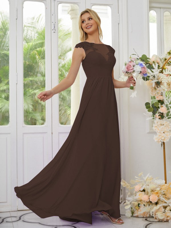 Vestidos de dama de honor de corte A/princesa, de gasa, con apliques, escote redondo y mangas cortas hasta el suelo