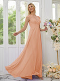 Vestidos de dama de honor de corte A/princesa, de gasa, con apliques, escote redondo y mangas cortas hasta el suelo