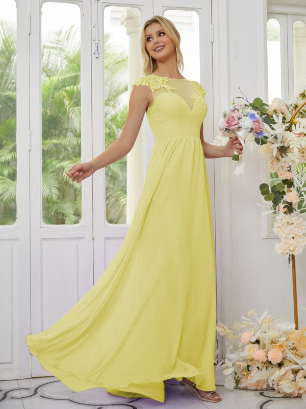 Vestidos de dama de honor de corte A/princesa, de gasa, con apliques, escote redondo y mangas cortas hasta el suelo