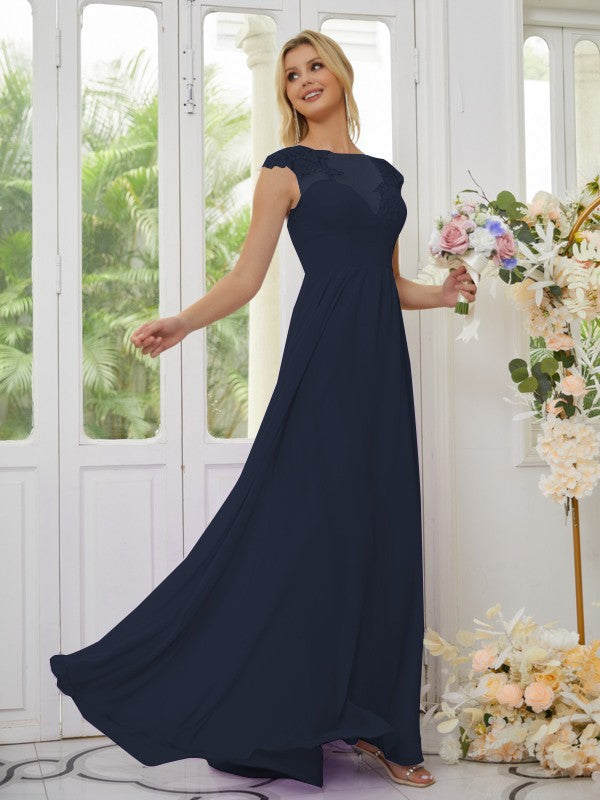 Vestidos de dama de honor de corte A/princesa, de gasa, con apliques, escote redondo y mangas cortas hasta el suelo