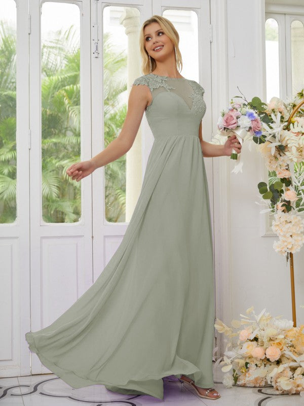 Vestidos de dama de honor de corte A/princesa, de gasa, con apliques, escote redondo y mangas cortas hasta el suelo