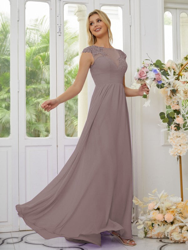 Vestidos de dama de honor de corte A/princesa, de gasa, con apliques, escote redondo y mangas cortas hasta el suelo