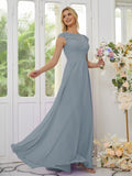 Vestidos de dama de honor de corte A/princesa, de gasa, con apliques, escote redondo y mangas cortas hasta el suelo