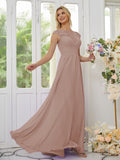 Vestidos de dama de honor de corte A/princesa, de gasa, con apliques, escote redondo y mangas cortas hasta el suelo