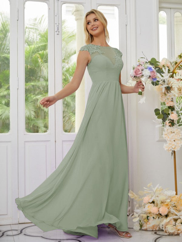 Vestidos de dama de honor de corte A/princesa, de gasa, con apliques, escote redondo y mangas cortas hasta el suelo