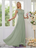 Vestidos de dama de honor de corte A/princesa, de gasa, con apliques, escote redondo y mangas cortas hasta el suelo