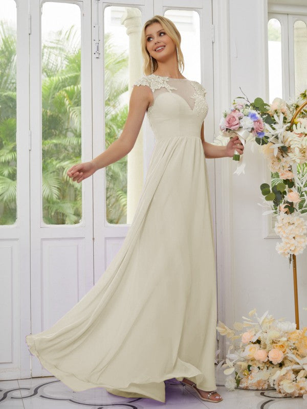 Vestidos de dama de honor de corte A/princesa, de gasa, con apliques, escote redondo y mangas cortas hasta el suelo