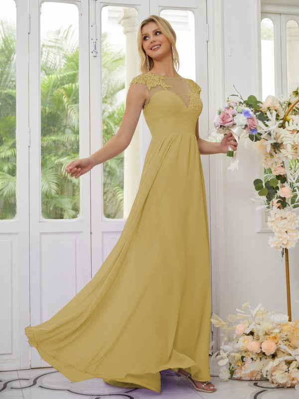 Vestidos de dama de honor de corte A/princesa, de gasa, con apliques, escote redondo y mangas cortas hasta el suelo