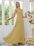 Vestidos de dama de honor de corte A/princesa, de gasa, con apliques, escote redondo y mangas cortas hasta el suelo