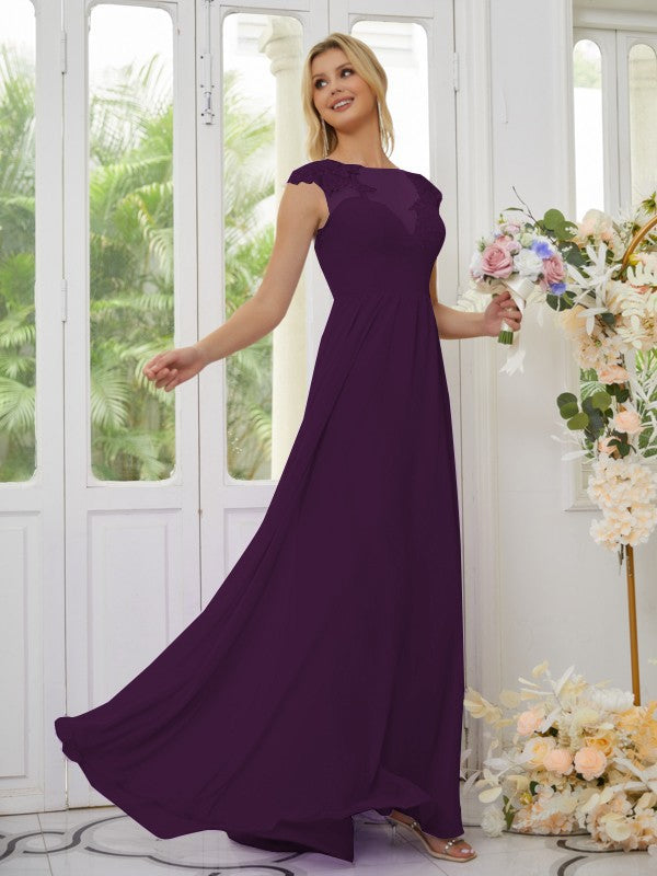 Vestidos de dama de honor de corte A/princesa, de gasa, con apliques, escote redondo y mangas cortas hasta el suelo