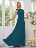 Vestidos de dama de honor de corte A/princesa, de gasa, con apliques, escote redondo y mangas cortas hasta el suelo