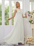 Vestidos de dama de honor de corte A/princesa, de gasa, con apliques, escote redondo y mangas cortas hasta el suelo