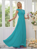 Vestidos de dama de honor de corte A/princesa, de gasa, con apliques, escote redondo y mangas cortas hasta el suelo