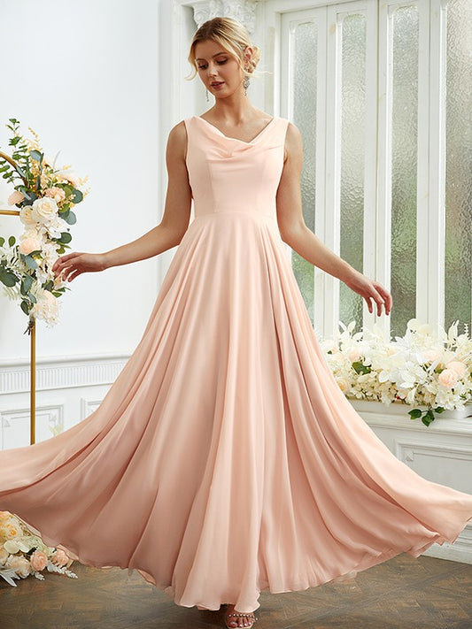 Vestidos de dama de honor de corte A/princesa, de gasa, con volantes, escote redondo, sin mangas y largo hasta el suelo