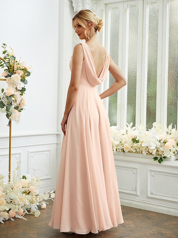 Vestidos de dama de honor de corte A/princesa, de gasa, con volantes, escote redondo, sin mangas y largo hasta el suelo