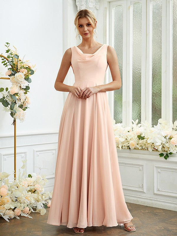 Vestidos de dama de honor de corte A/princesa, de gasa, con volantes, escote redondo, sin mangas y largo hasta el suelo