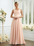 Vestidos de dama de honor de corte A/princesa, de gasa, con volantes, escote redondo, sin mangas y largo hasta el suelo