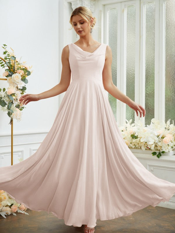 Vestidos de dama de honor de corte A/princesa, de gasa, con volantes, escote redondo, sin mangas y largo hasta el suelo