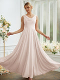 Vestidos de dama de honor de corte A/princesa, de gasa, con volantes, escote redondo, sin mangas y largo hasta el suelo