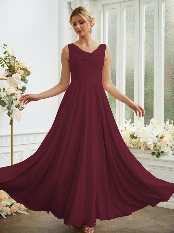 Vestidos de dama de honor de corte A/princesa, de gasa, con volantes, escote redondo, sin mangas y largo hasta el suelo