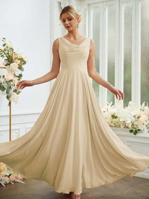 Vestidos de dama de honor de corte A/princesa, de gasa, con volantes, escote redondo, sin mangas y largo hasta el suelo