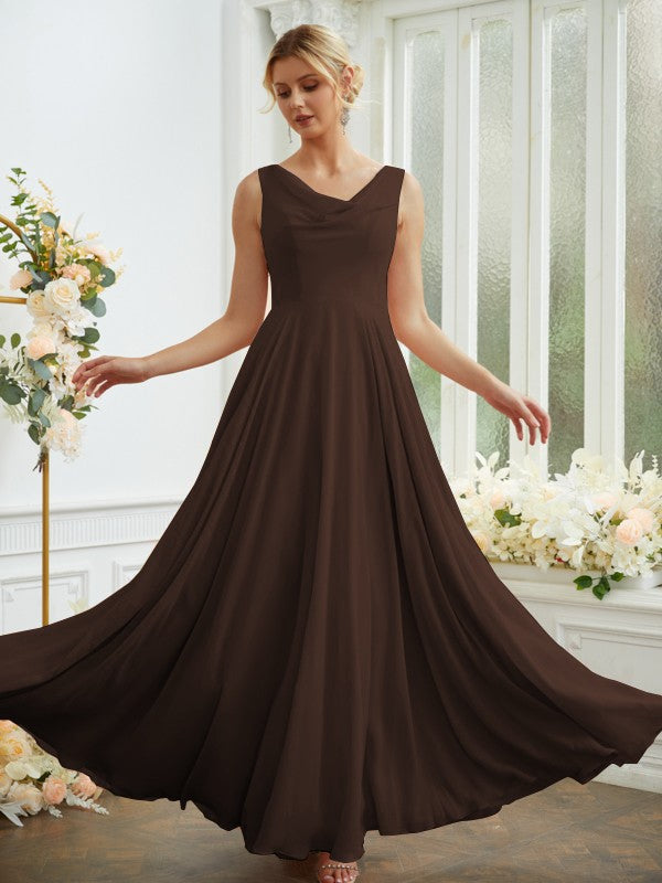 Vestidos de dama de honor de corte A/princesa, de gasa, con volantes, escote redondo, sin mangas y largo hasta el suelo