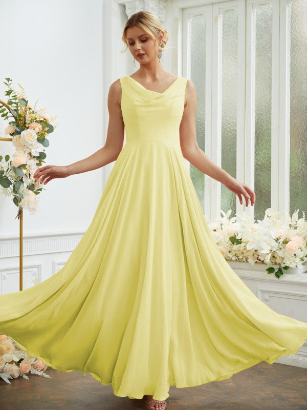 Vestidos de dama de honor de corte A/princesa, de gasa, con volantes, escote redondo, sin mangas y largo hasta el suelo