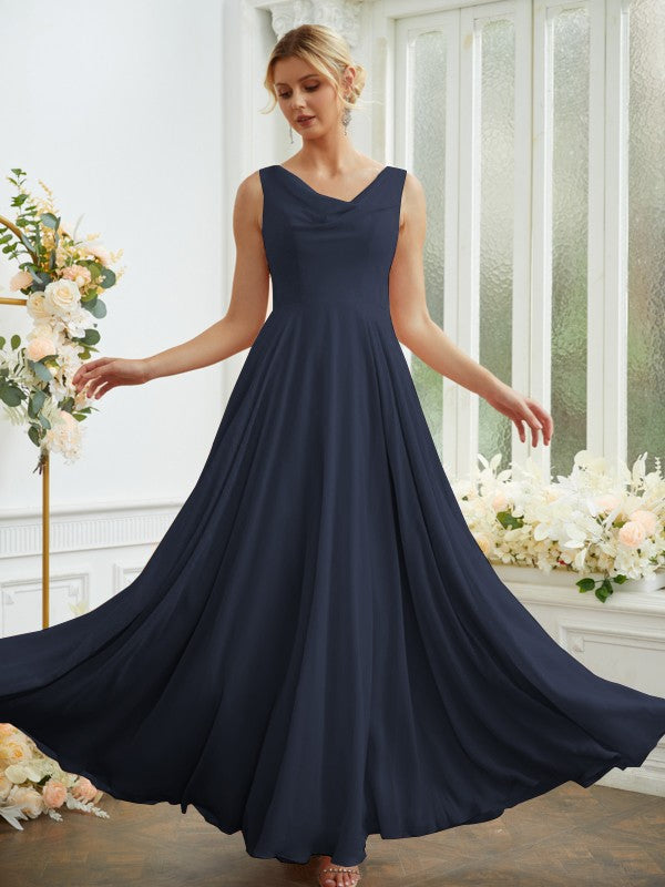 Vestidos de dama de honor de corte A/princesa, de gasa, con volantes, escote redondo, sin mangas y largo hasta el suelo