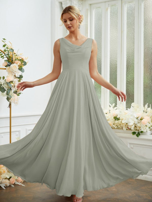 Vestidos de dama de honor de corte A/princesa, de gasa, con volantes, escote redondo, sin mangas y largo hasta el suelo