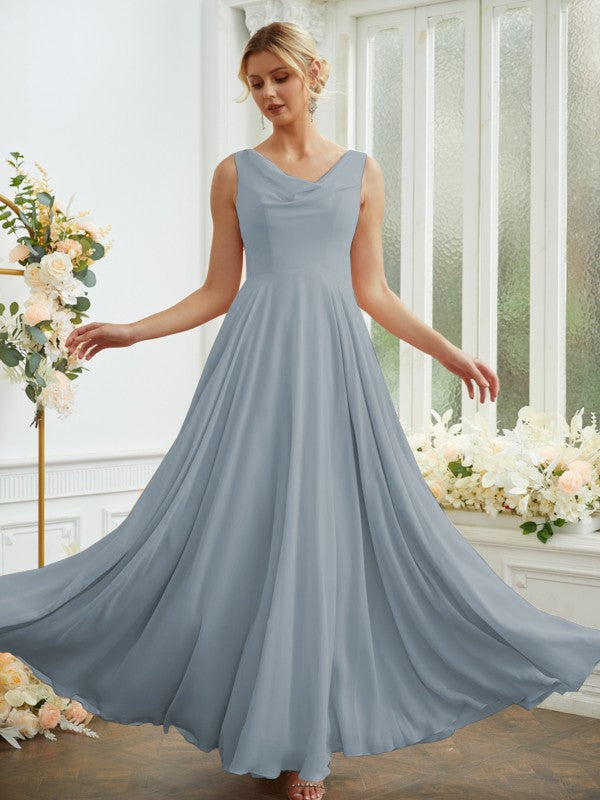 Vestidos de dama de honor de corte A/princesa, de gasa, con volantes, escote redondo, sin mangas y largo hasta el suelo