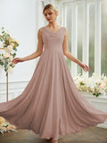 Vestidos de dama de honor de corte A/princesa, de gasa, con volantes, escote redondo, sin mangas y largo hasta el suelo