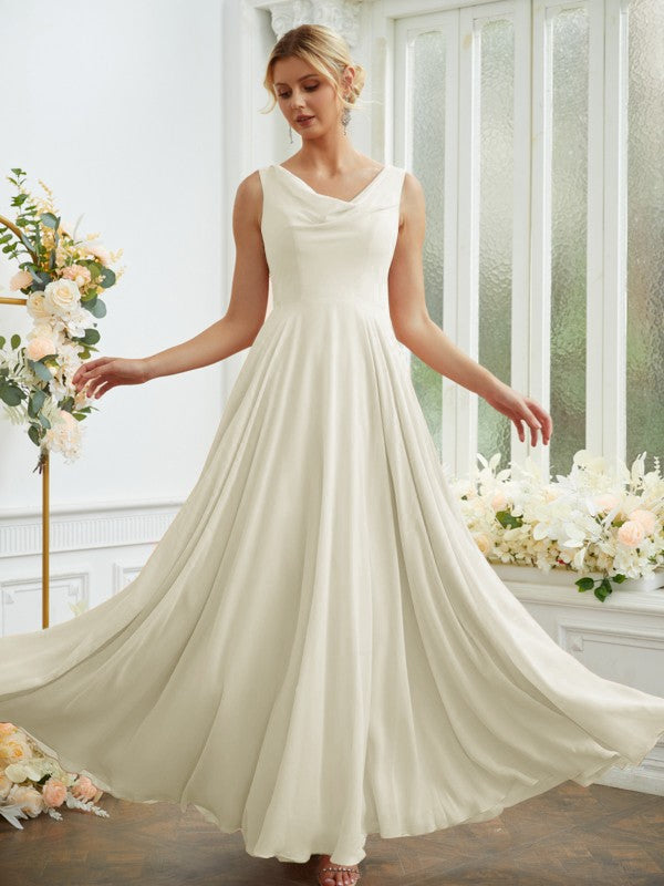 Vestidos de dama de honor de corte A/princesa, de gasa, con volantes, escote redondo, sin mangas y largo hasta el suelo