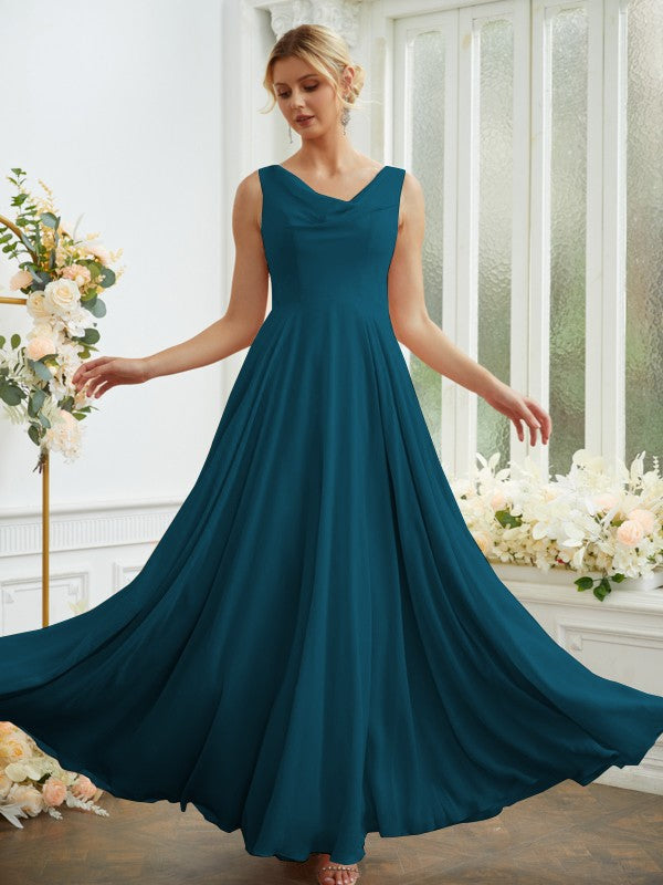 Vestidos de dama de honor de corte A/princesa, de gasa, con volantes, escote redondo, sin mangas y largo hasta el suelo