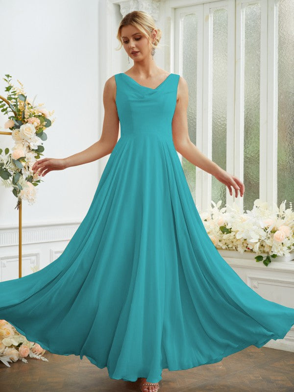 Vestidos de dama de honor de corte A/princesa, de gasa, con volantes, escote redondo, sin mangas y largo hasta el suelo