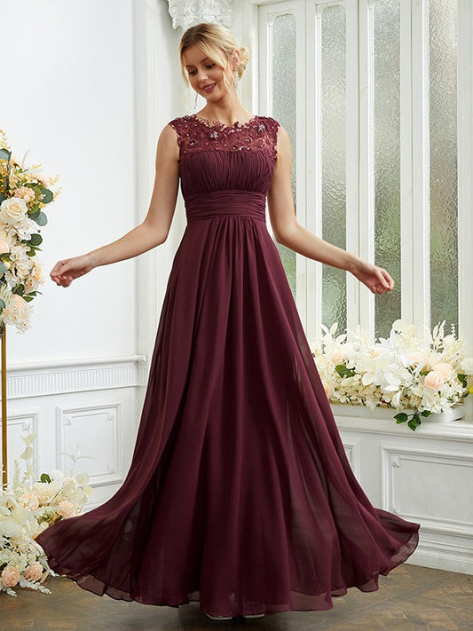 Vestido de noche de dama de honor de corte A/princesa, de gasa, con encaje, escote redondo, sin mangas y largo hasta el suelo