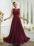A-Line/Princess Chiffon Lace Scoop Sleeveless Floor-Length Bridesmaid Dresses Evening Dress