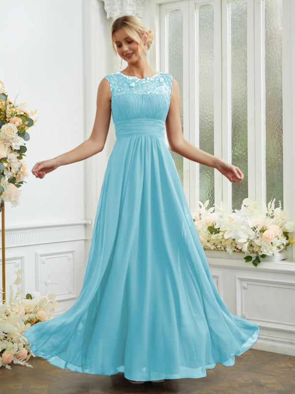 A-Line/Princess Chiffon Lace Scoop Sleeveless Floor-Length Bridesmaid Dresses Evening Dress