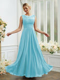 A-Line/Princess Chiffon Lace Scoop Sleeveless Floor-Length Bridesmaid Dresses Evening Dress