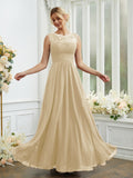 A-Line/Princess Chiffon Lace Scoop Sleeveless Floor-Length Bridesmaid Dresses Evening Dress